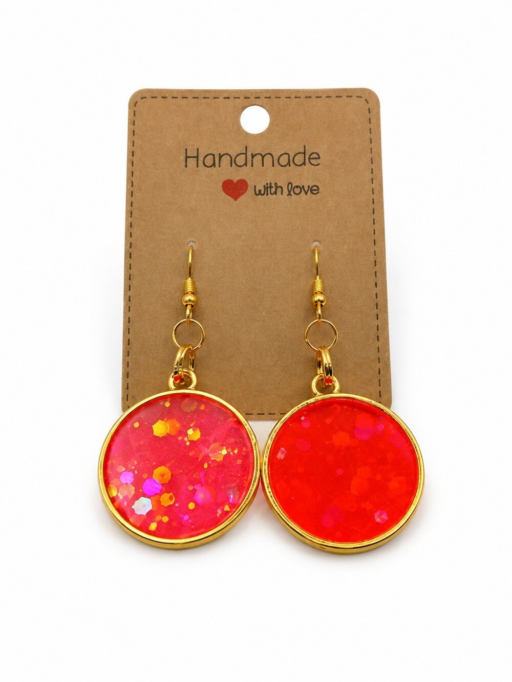 Women's Gold Plated Hypoallergenic Red Glitter Resin Bezel Dangle Earrings